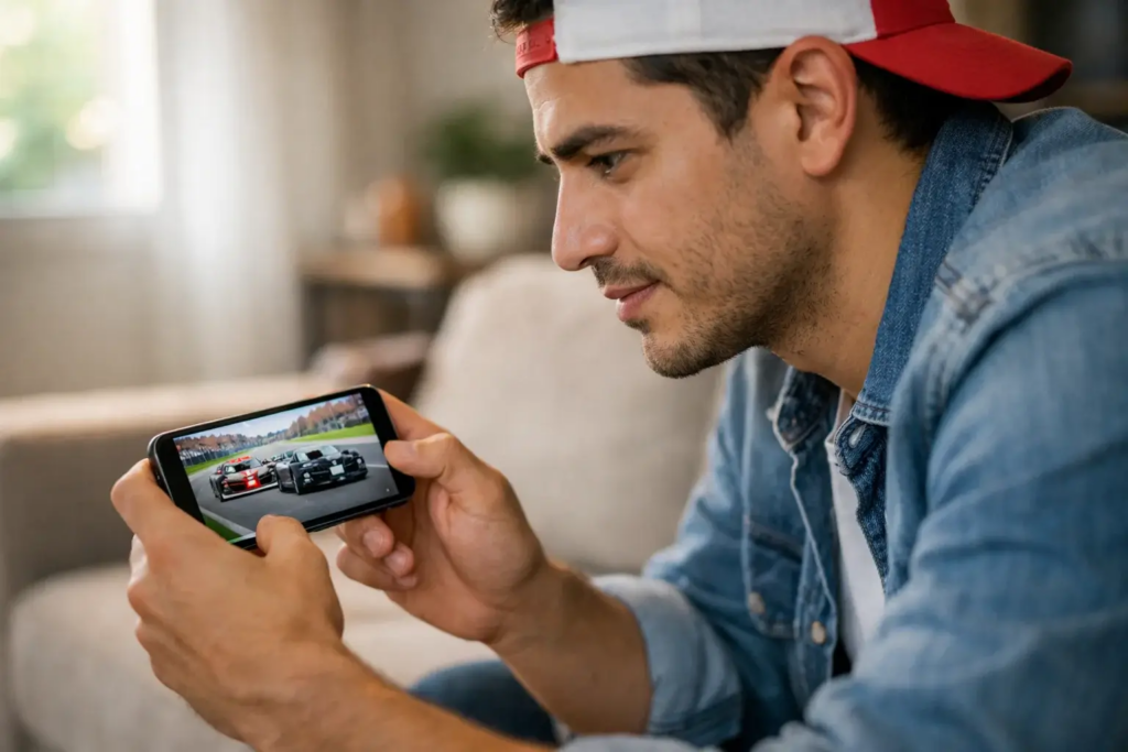 Aficionado viendo una carrera de Fórmula 1 en su smartphone siguiendo las apuestas en vivo