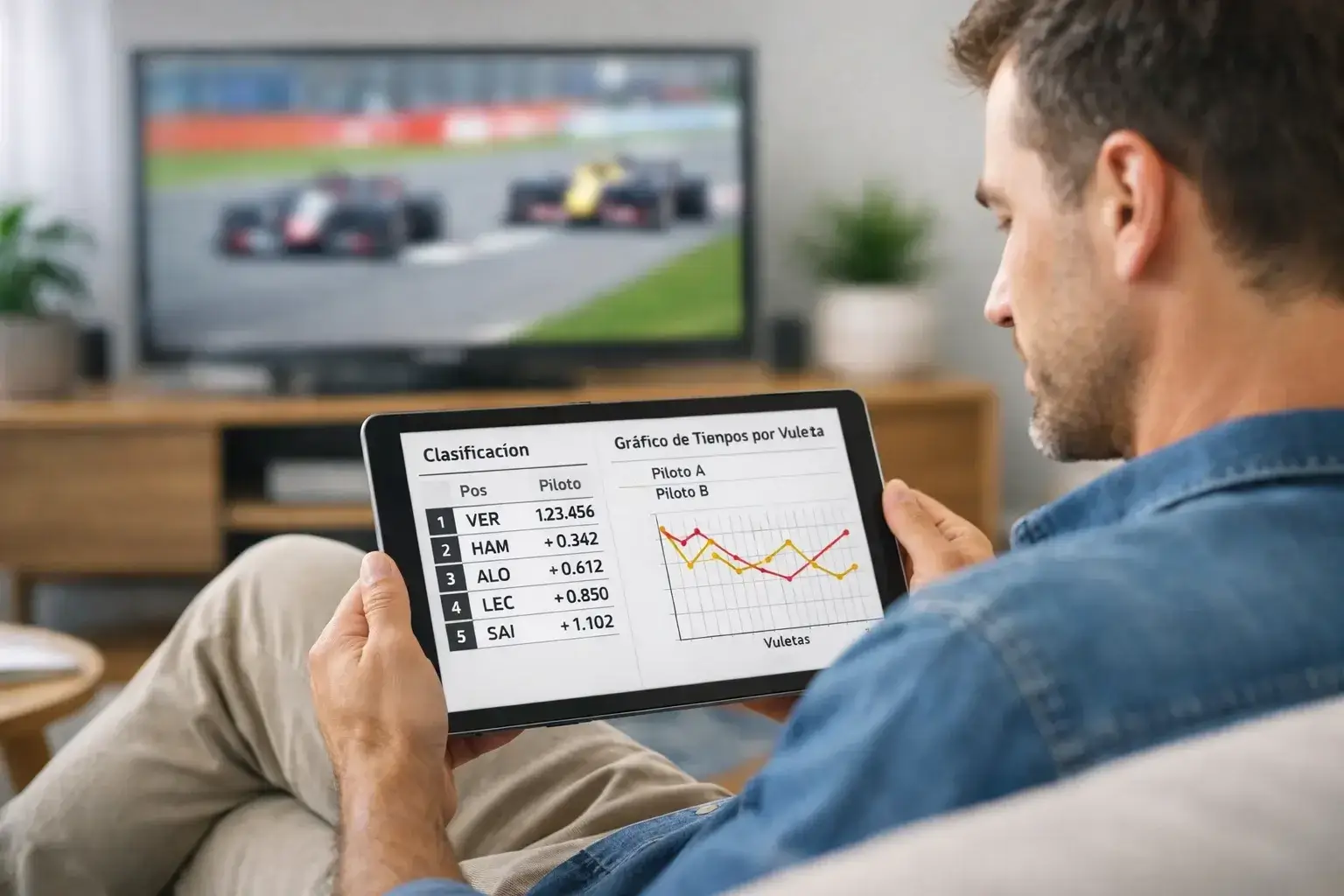 Aficionado analizando datos de entrenamientos libres de F1 en una tablet