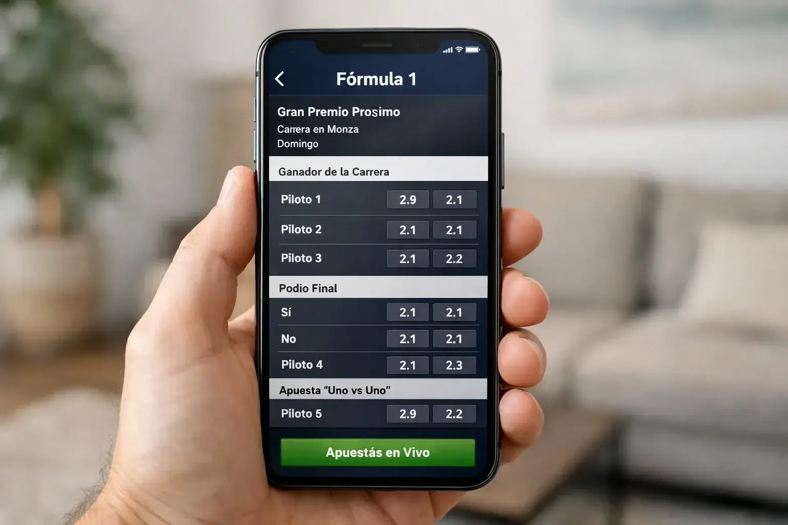 Aplicación móvil de apuestas deportivas mostrando mercados de F1
