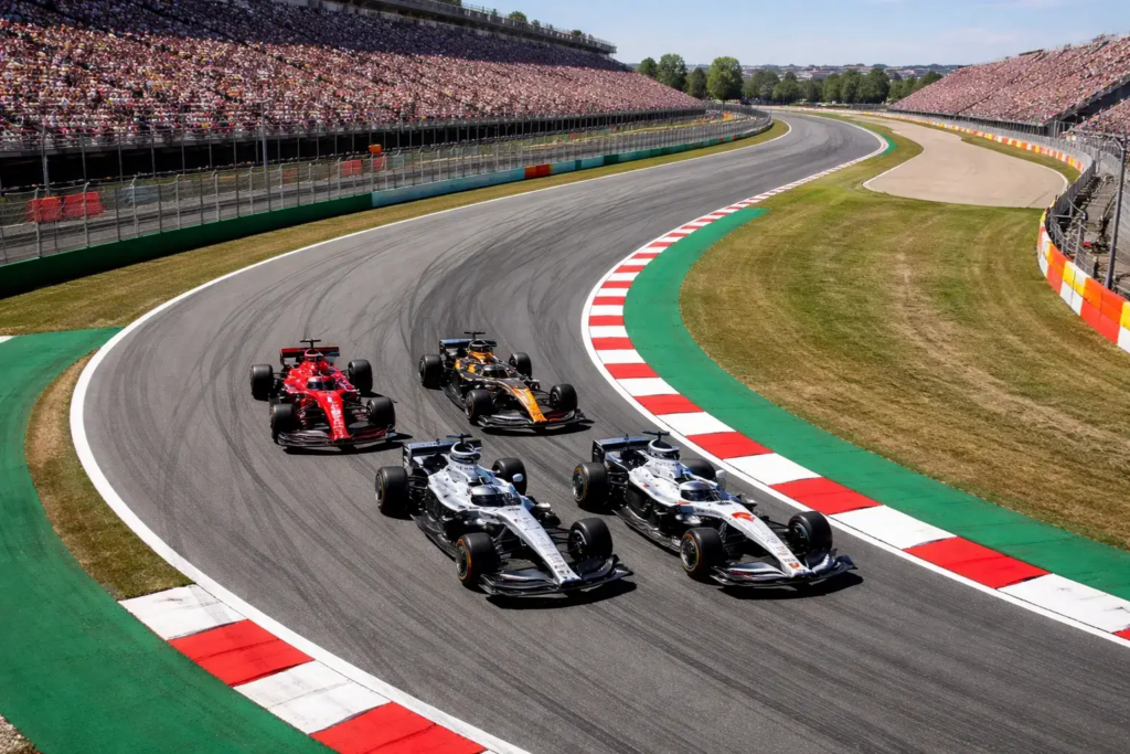 Monoplazas de Fórmula 1 en una curva de un circuito durante una carrera del campeonato mundial