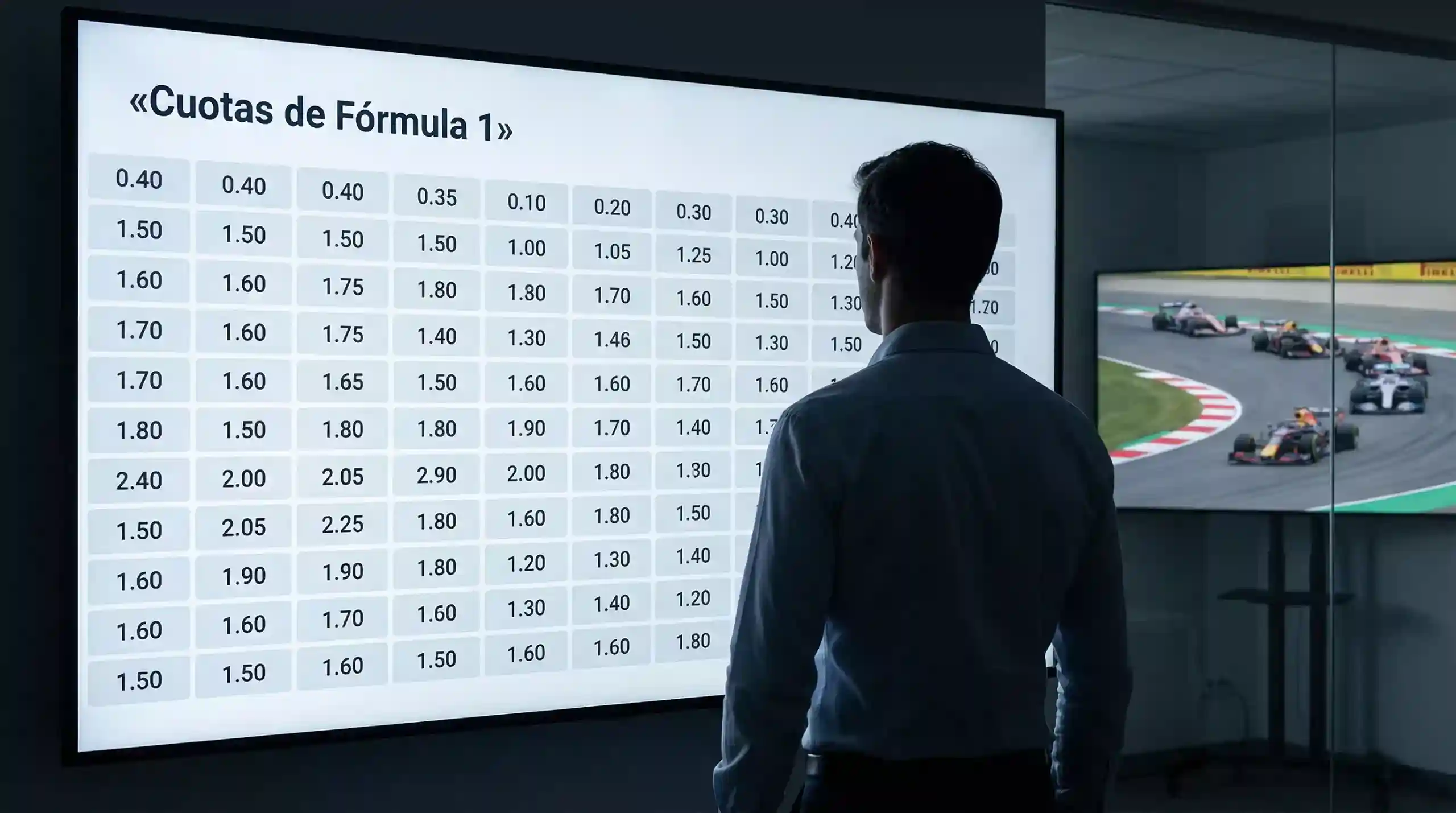Pantalla mostrando cuotas de apuestas deportivas con un circuito de Fórmula 1 de fondo