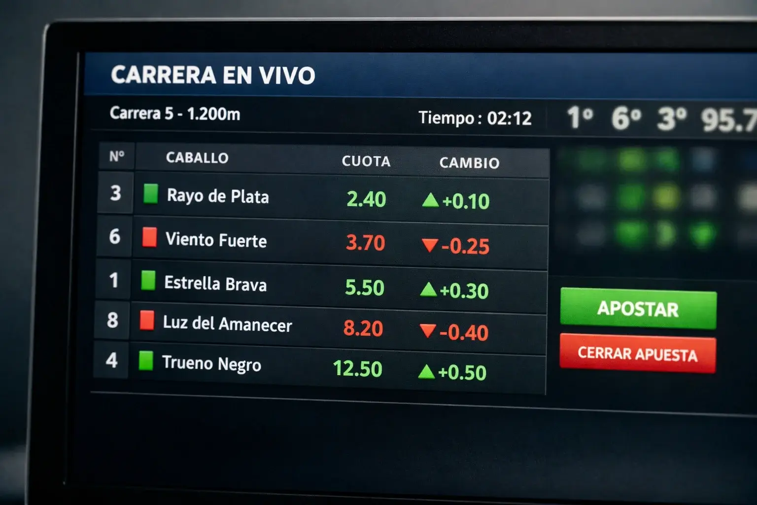 Pantalla mostrando cuotas actualizándose en tiempo real