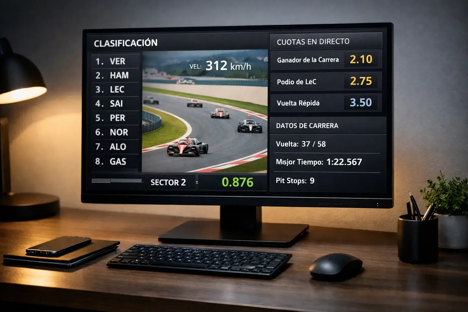 Pantalla de ordenador mostrando cuotas en vivo de carrera de F1