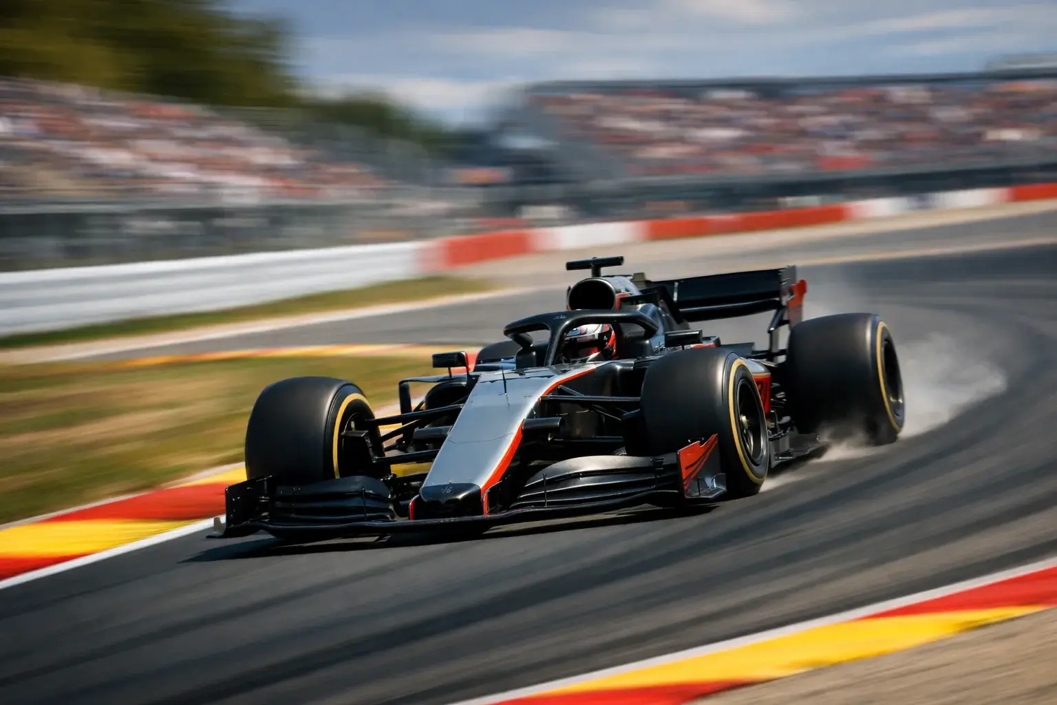 Monoplaza de F1 en curva a alta velocidad durante una carrera