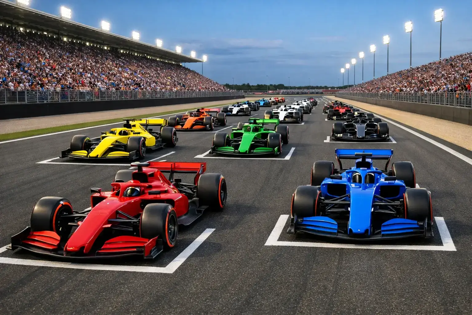 Monoplazas de Fórmula 1 en la parrilla de salida de un Gran Premio con pilotos preparados para la carrera