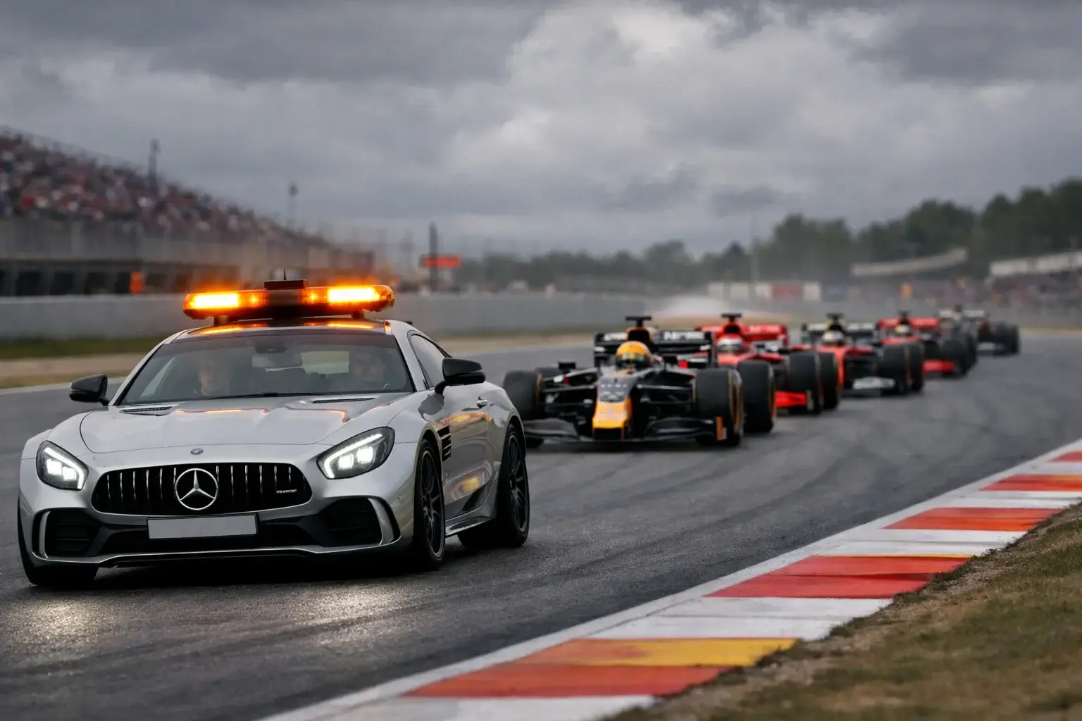 Safety Car de F1 liderando el grupo de monoplazas en pista