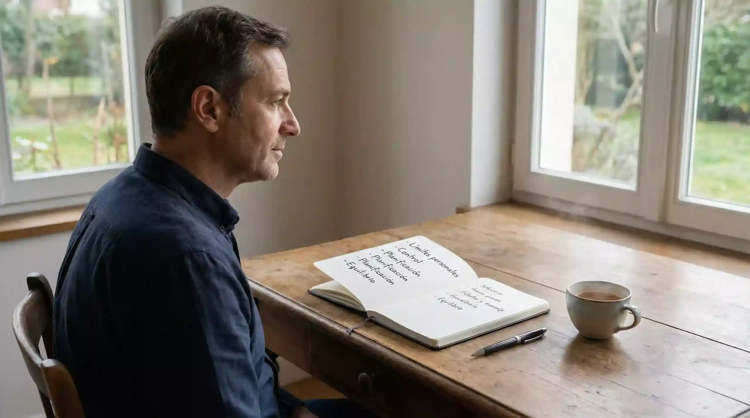 Persona reflexionando con calma frente a una libreta de notas junto a una ventana iluminada