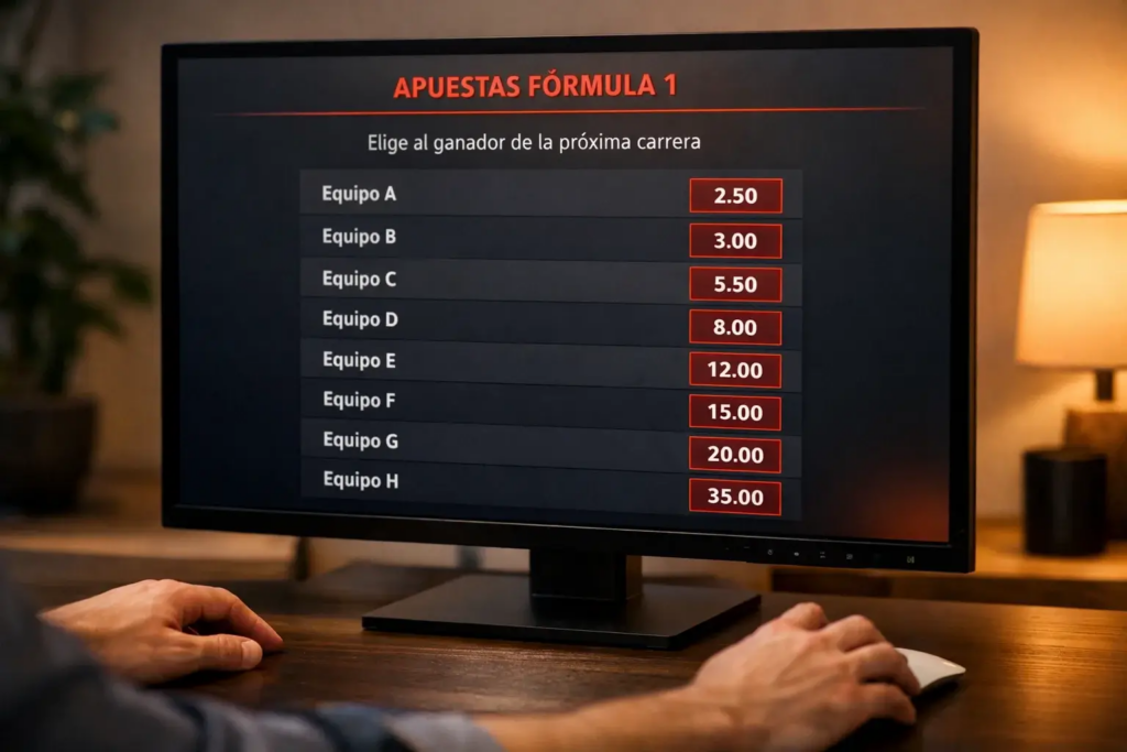 Pantalla mostrando cuotas de apuestas deportivas de Fórmula 1 con mercados disponibles