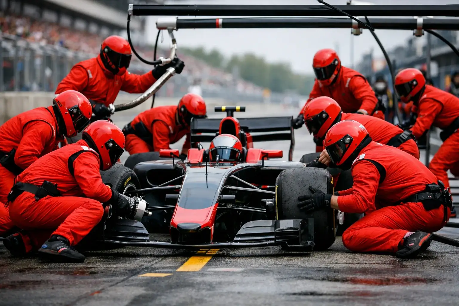 Mecánicos de F1 realizando pit stop a un monoplaza