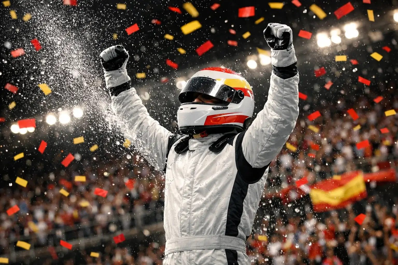 Piloto de F1 celebrando en el podio tras una victoria